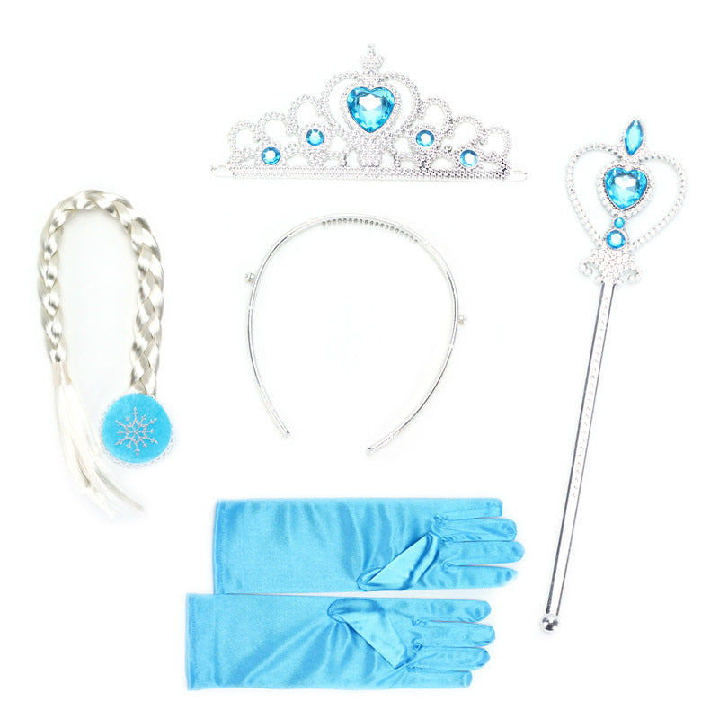 Set di accessori per capelli a forma di corona in stile cartone animato per bambini con corona in metallo placcato, bacchetta magica, parrucca a treccia e guanti con tema di colori Macaron