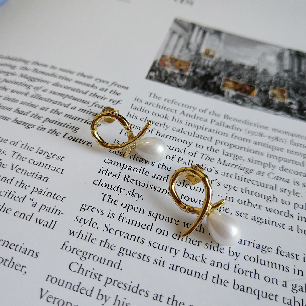 Sweet 925 Sterling Silver Gold Plated Floral Pearl Irregular Earrings