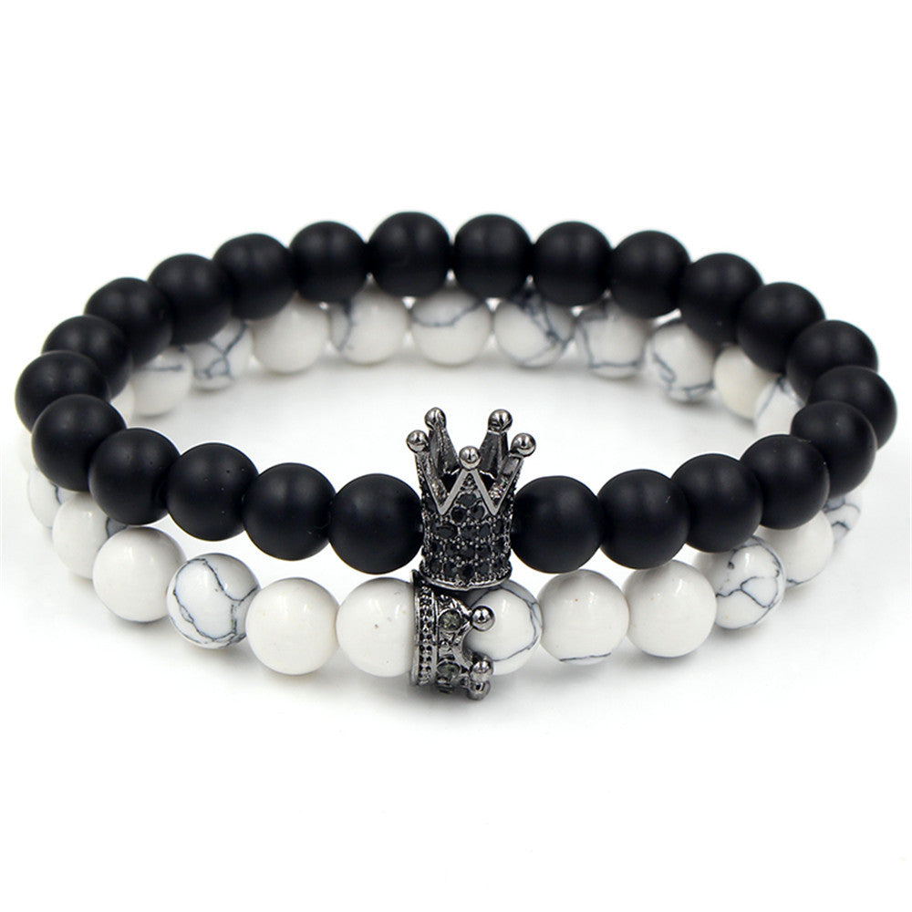 Casual Alloy Plated Crown Bracelet Set with Rhinestone and Black Lava Stone for Unisex