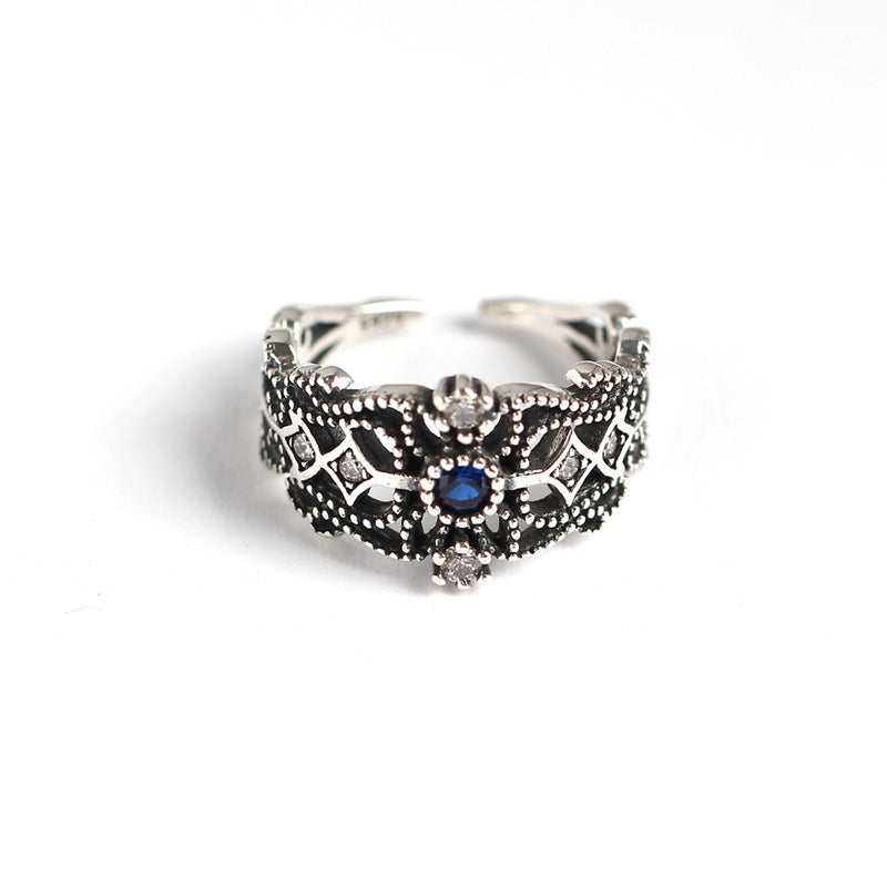 Anello Aperto da Donna Vintage in Argento Sterling 925 con Intarsi Geometrici Rotondi e Diamanti