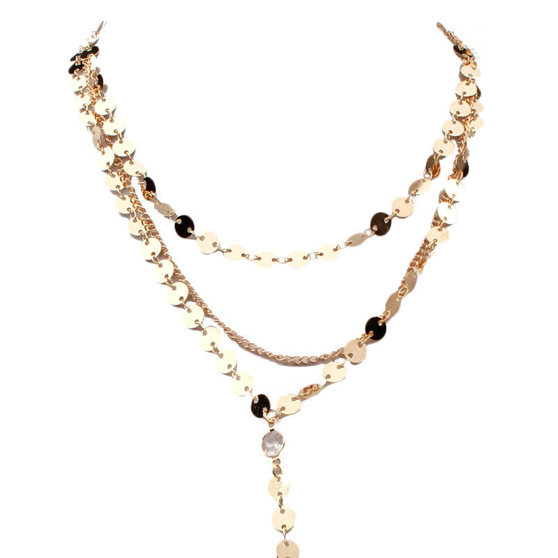 Handmade Sequin Necklace with Rhinestone Teardrop Pendant Layered Clavicle Chain Alloy Jewelry for Women