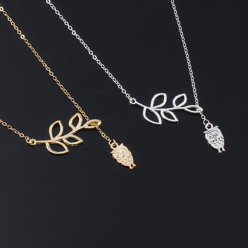 Alloy Leaf Owl Pendant Necklace on Snake Bone Chain for Women Minimalist Nature Jewelry