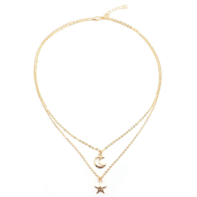 Star Crescent Hollow-Out Multi-Layer Pendant Necklace for Women Alloy Cross Chain Summer Trendy Jewelry