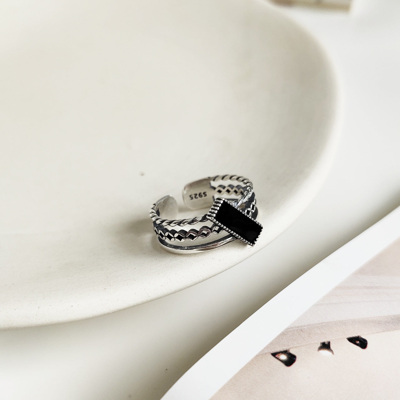 Anello da donna vintage in argento sterling 925 a rettangolo con smalto a goccia
