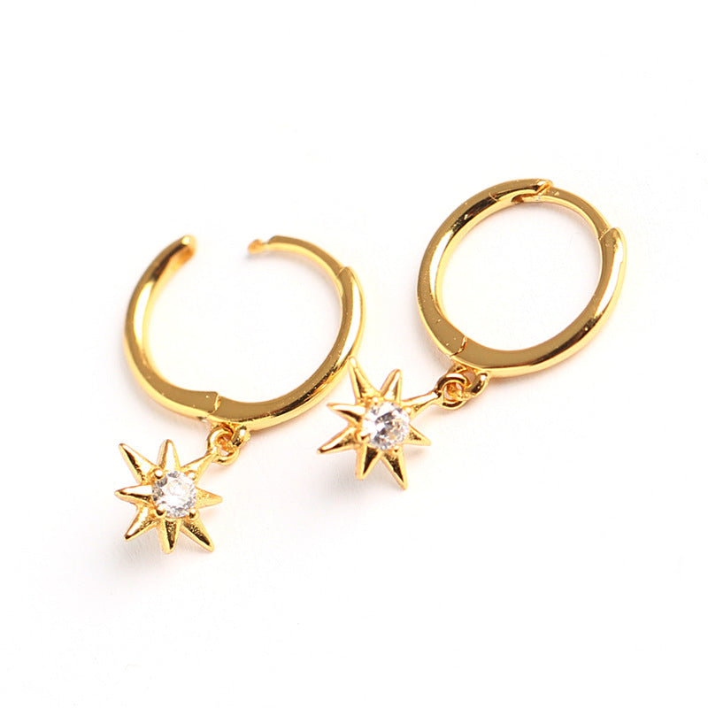 Sweet Streetwear 925 Sterling Silver Geometric Star Inlay Diamond Hoop Earrings