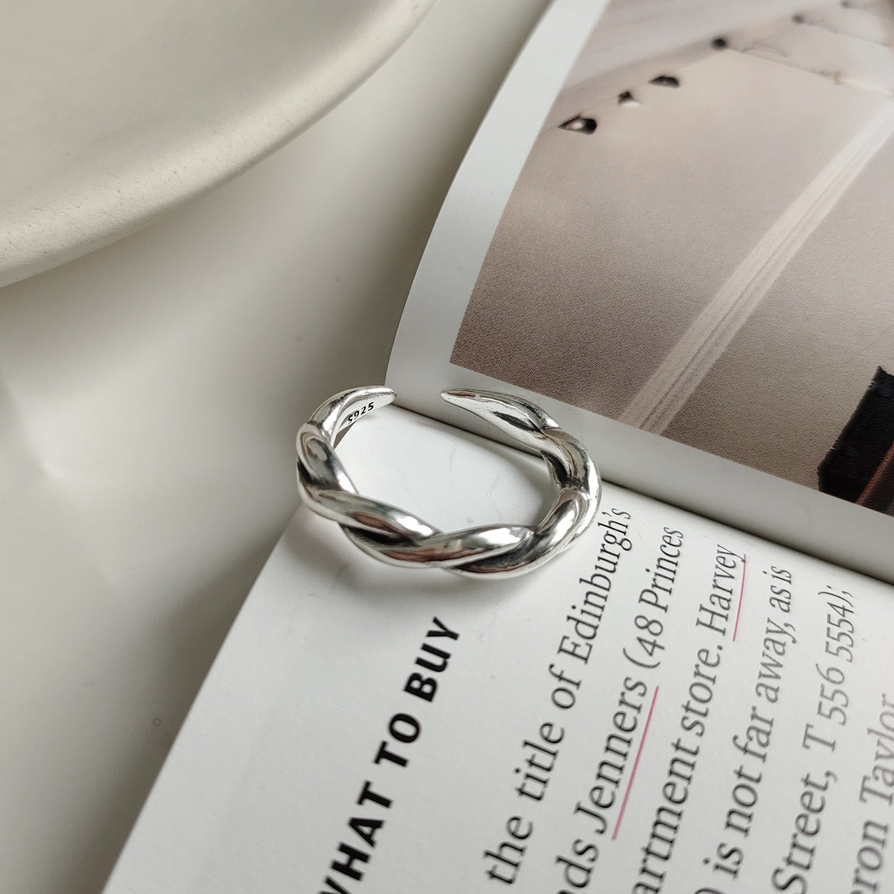Vintage 925 Sterling Silver Round Geometric Inlay Open Ring for Women