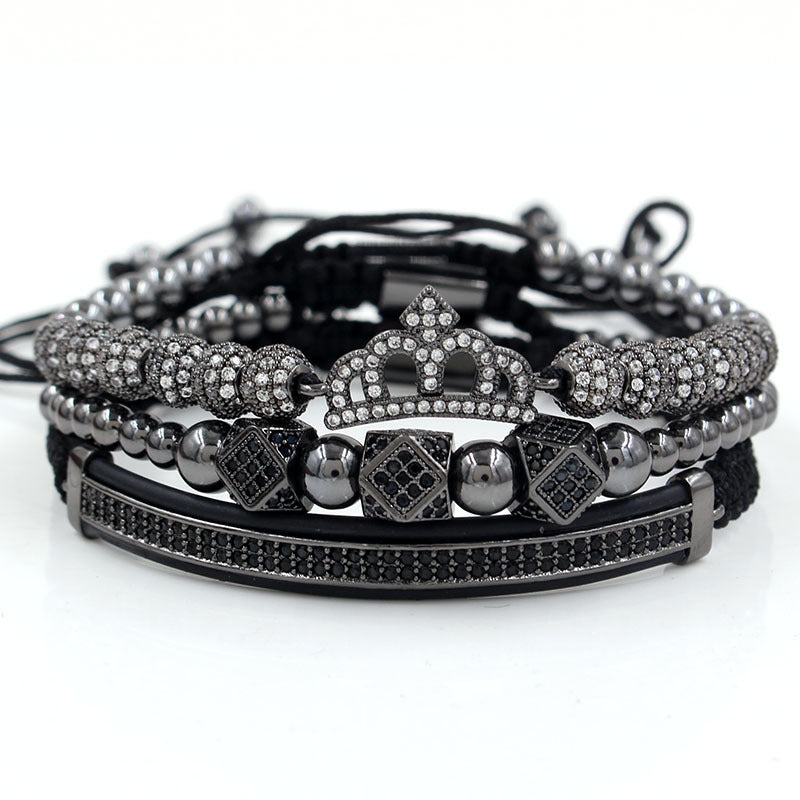 Unique Geometric Crown Moon Micro-pave Cubic Zirconia Brass Bracelet Set