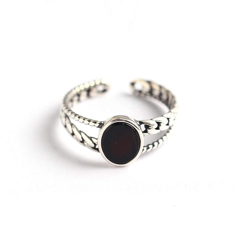 Anello regolabile in argento sterling S925 con intarsio in onice nero, design geometrico vintage, anello alla moda da donna