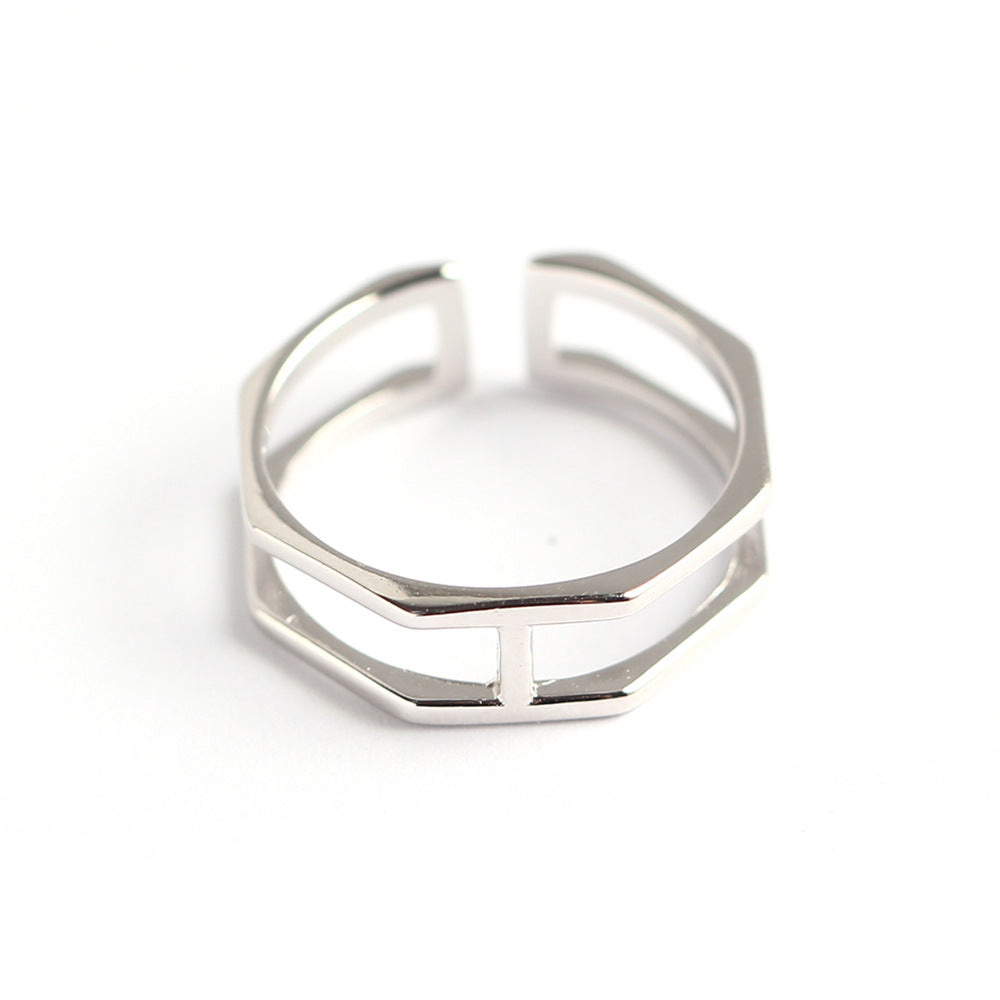 S925 Sterling Silver Double Band Hexagonal Open Ring for Women Minimalist Chic Geometric Stackable Ring