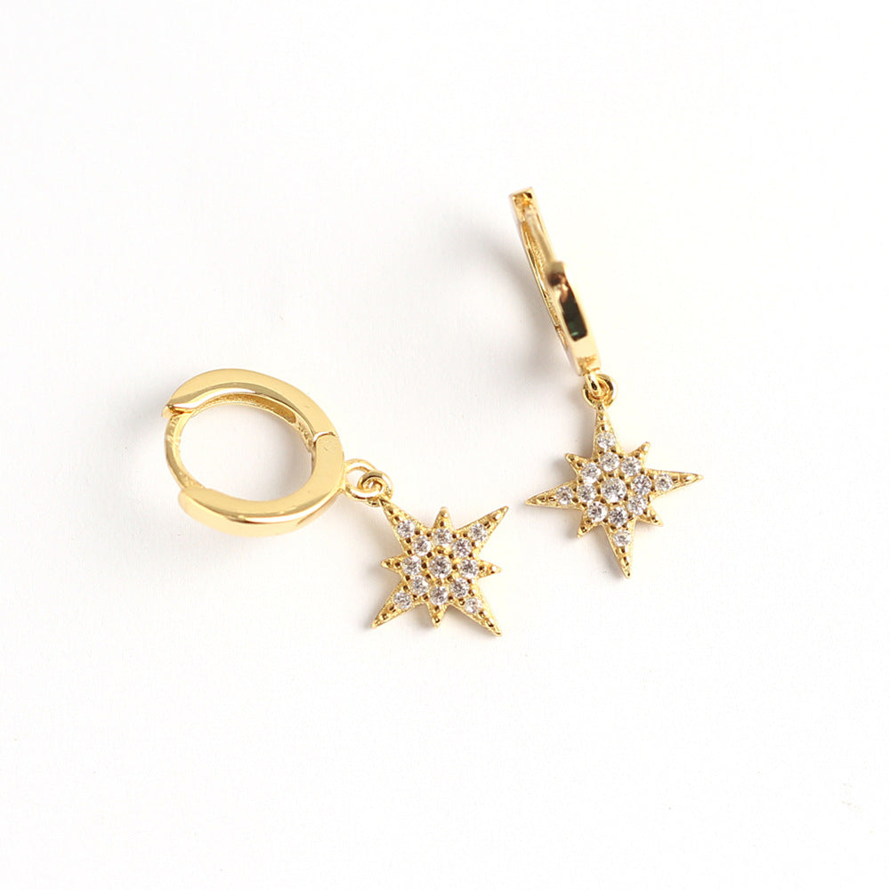 Streetwear 925 Sterling Silver Star Inlay Diamond Hoop Earrings Geometric Design