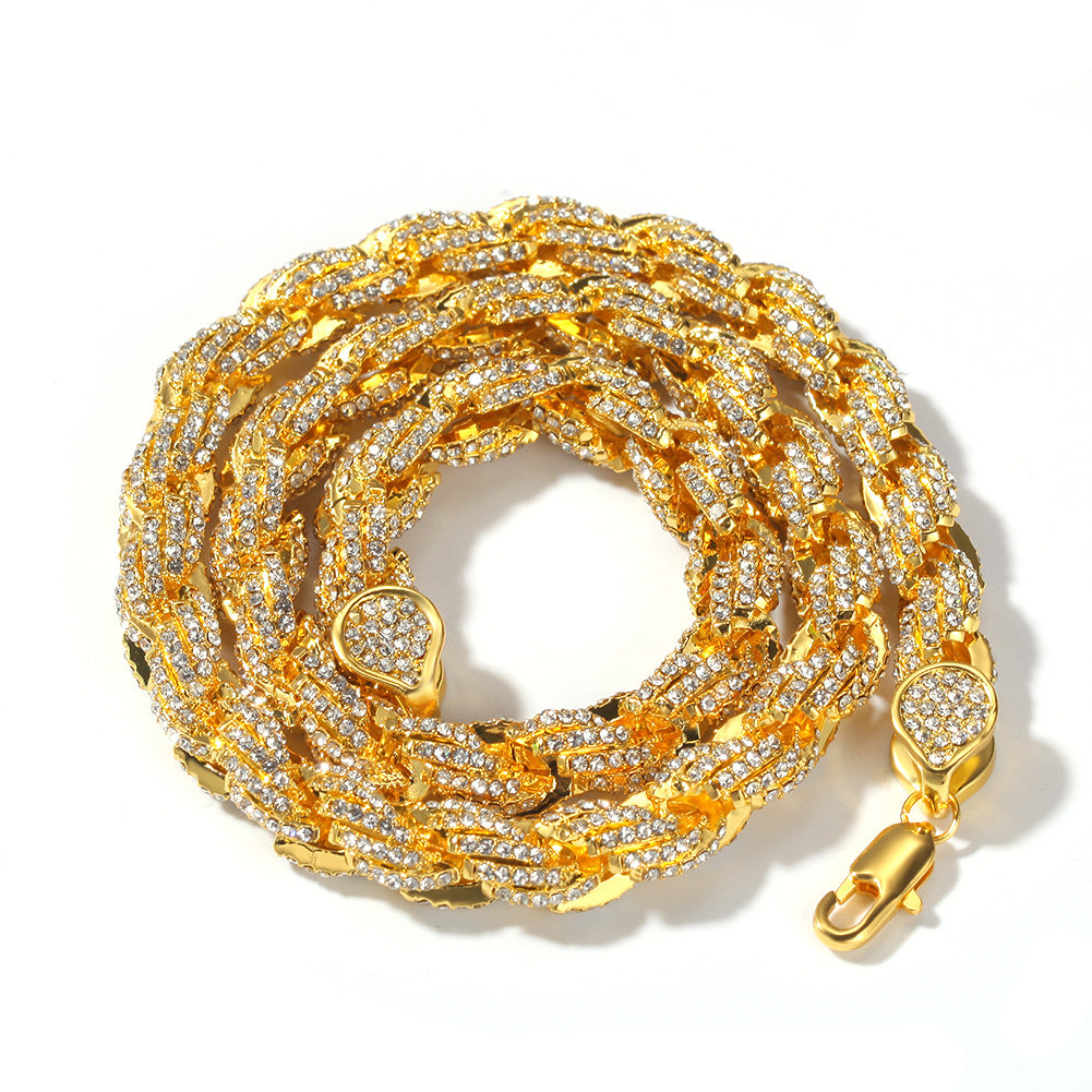 Hip-hop Gold Plated Alloy Rhinestone Inlay Rope Chain Necklace for Men