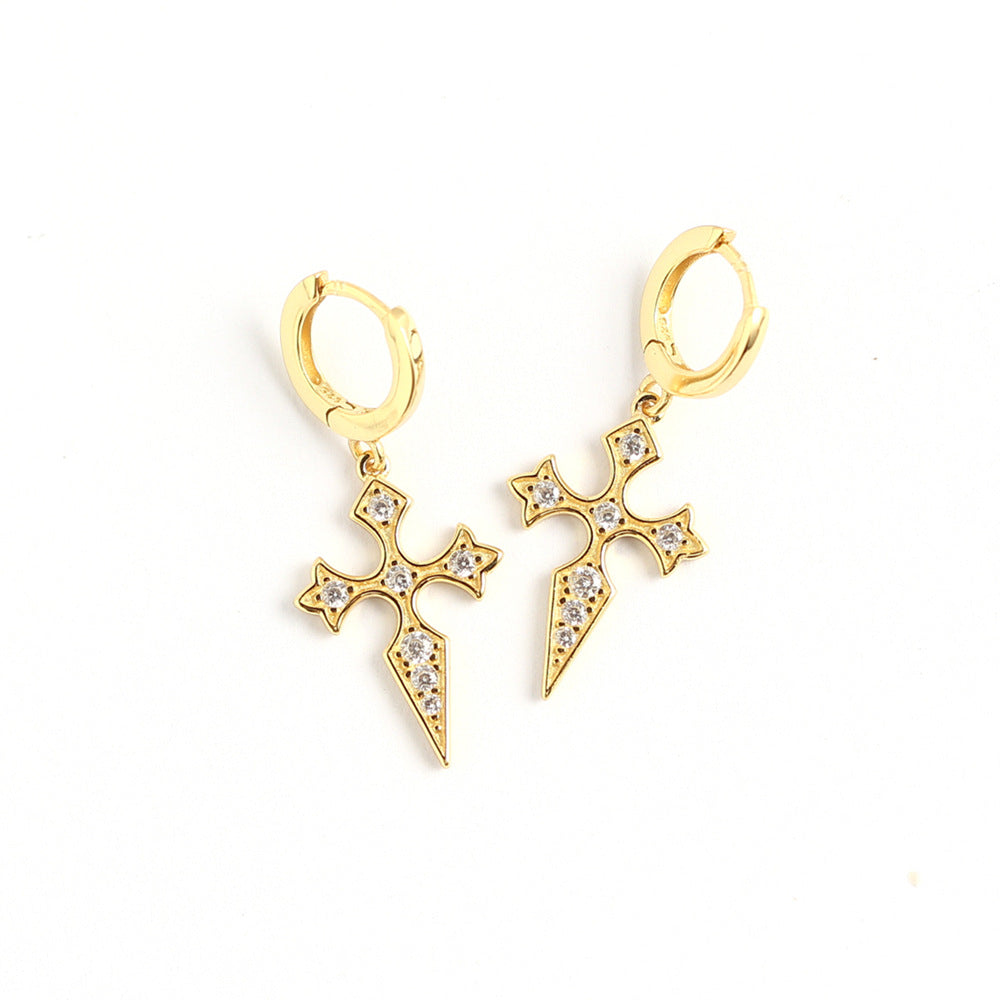 Eleganti orecchini di lusso con croce in argento sterling 925 e intarsio di diamanti