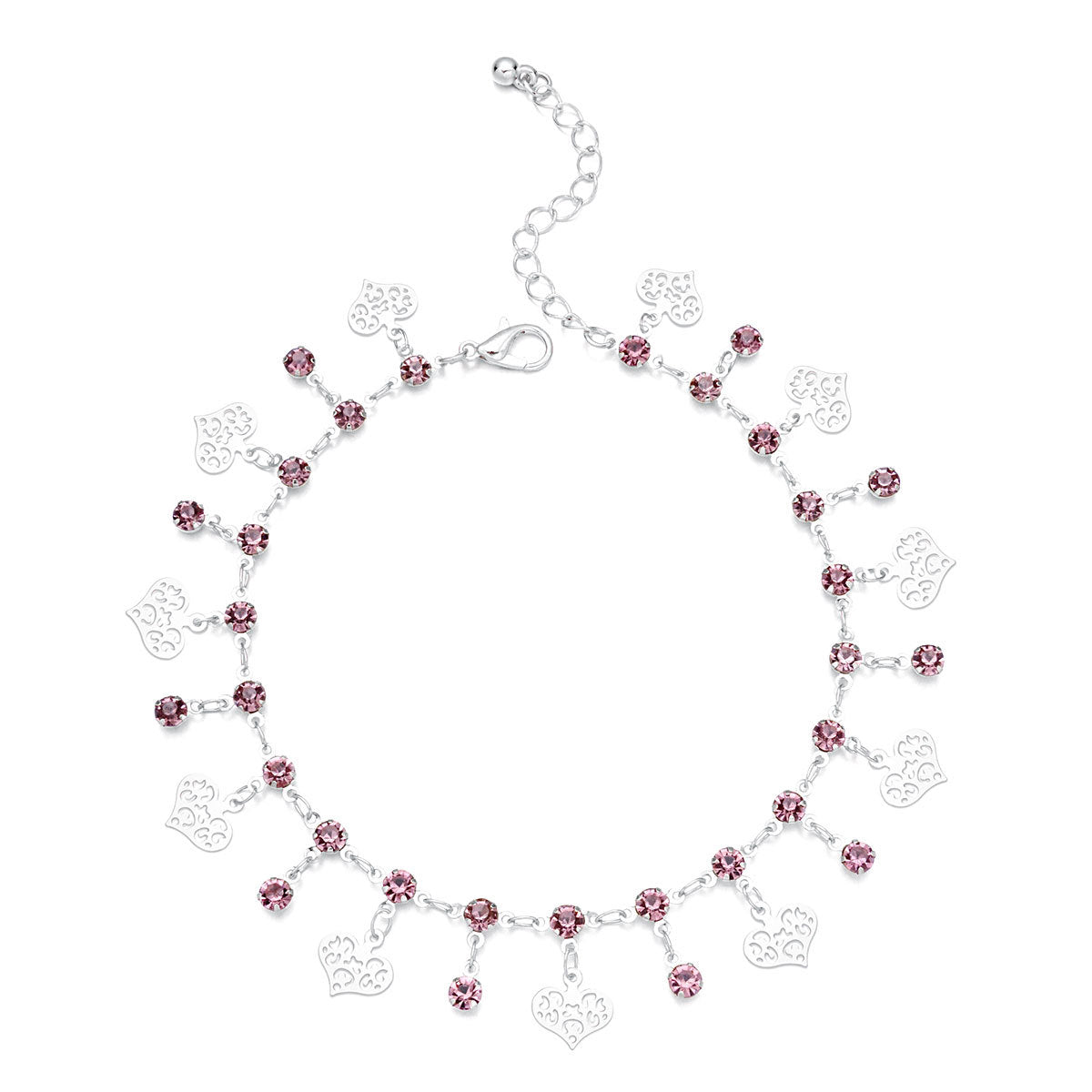 Beach Anklet for Women Heart-Shaped Copper Anklet with Rhinestone Inlay