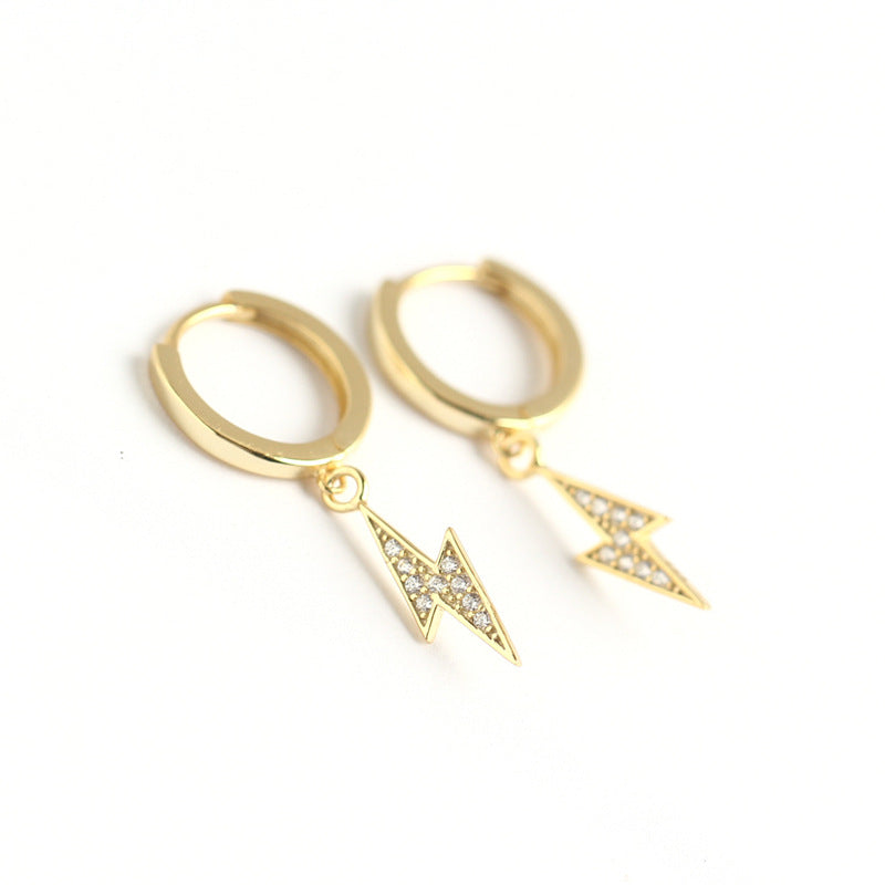 Pendientes de aro de plata de ley 925 con relámpago, incrustaciones de diamantes de imitación para mujer, estilo urbano
