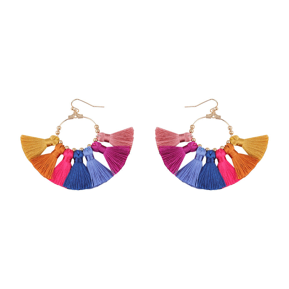 Bohemian Ethnic Geometric Alloy Handmade Woven Tassel Fan Earrings Unisex