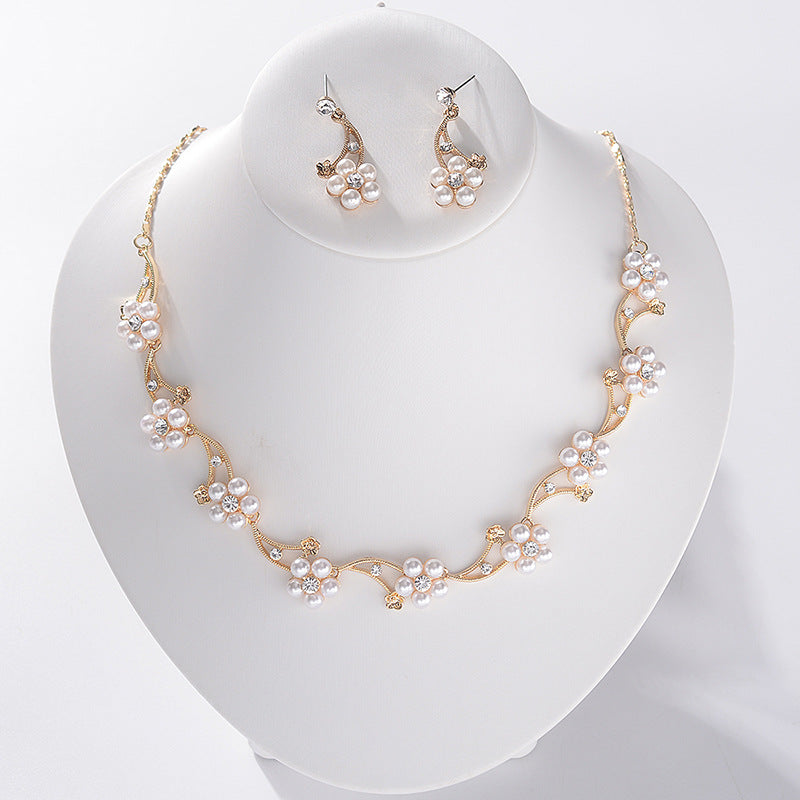 Sweet Minimalist Pearl Inlay Alloy Necklace and Earring Set with Singapore Chain for Women