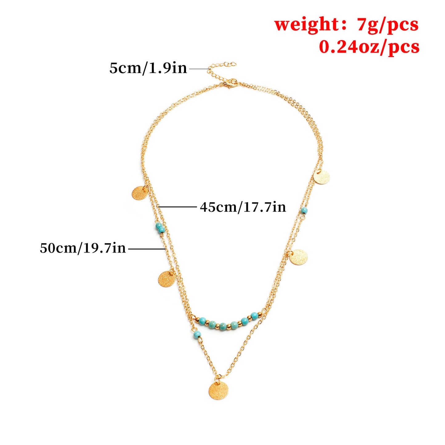 Multi-Layer Round Disc Necklace with Turquoise Pendant for Women Cross Chain Alloy Jewelry
