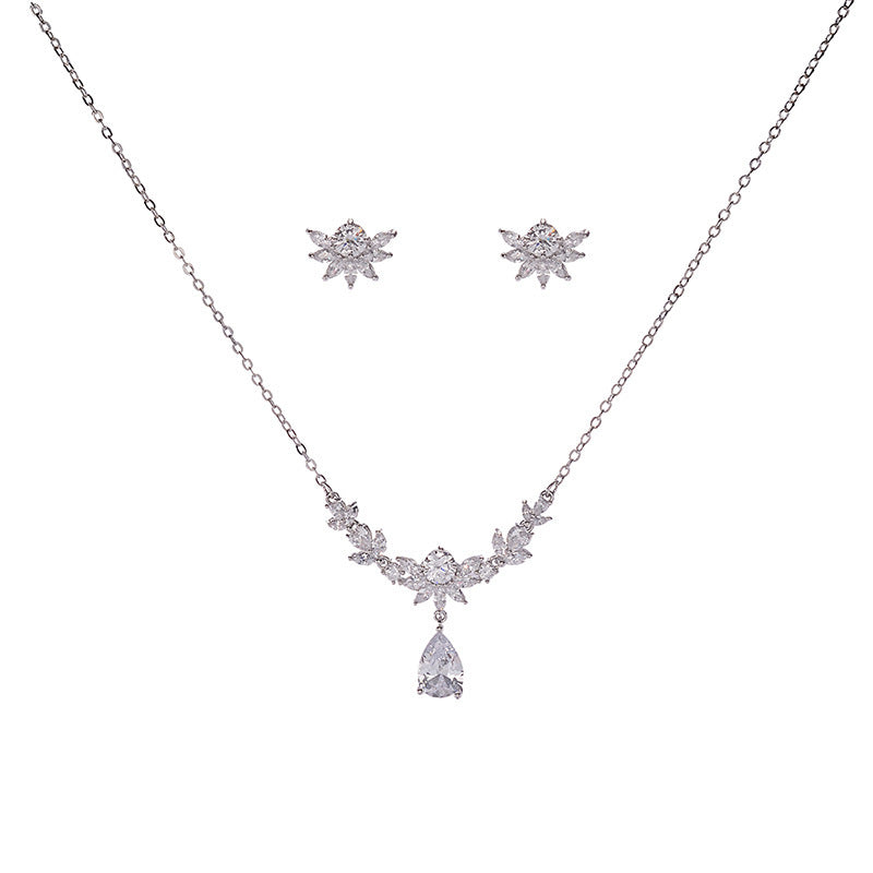 Minimalist Teardrop Cubic Zirconia Inlaid Crystal Pendant Necklace and Earrings Set with Cable Chain for Women
