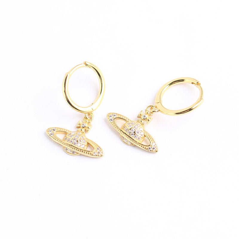 Orecchini a cerchio in argento sterling 925 di lusso con strass a forma di pianeta geometrico