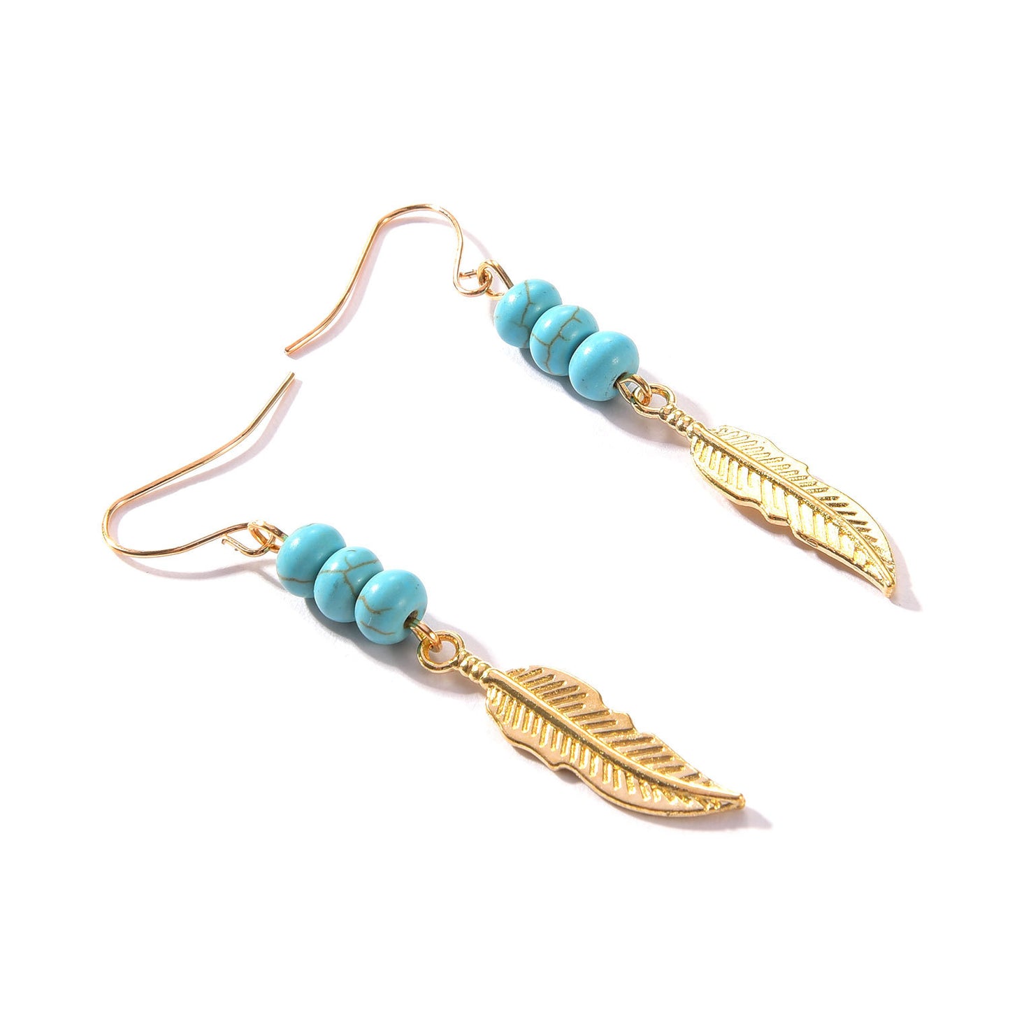 Minimalist Feather Earrings with Turquoise Beads for Women Western Style Alloy Hook Earrings