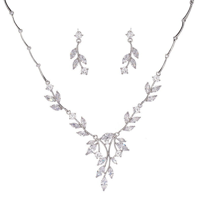 Elegant Brass Necklace and Earrings Set with Cubic Zirconia Inlay and Crystal Pendant for Women