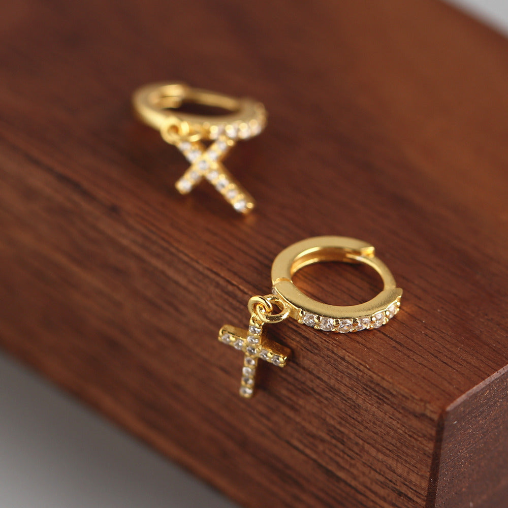 Sweet Minimalist 925 Sterling Silver Cross Rhinestone Inlay Hoop Earrings for Women