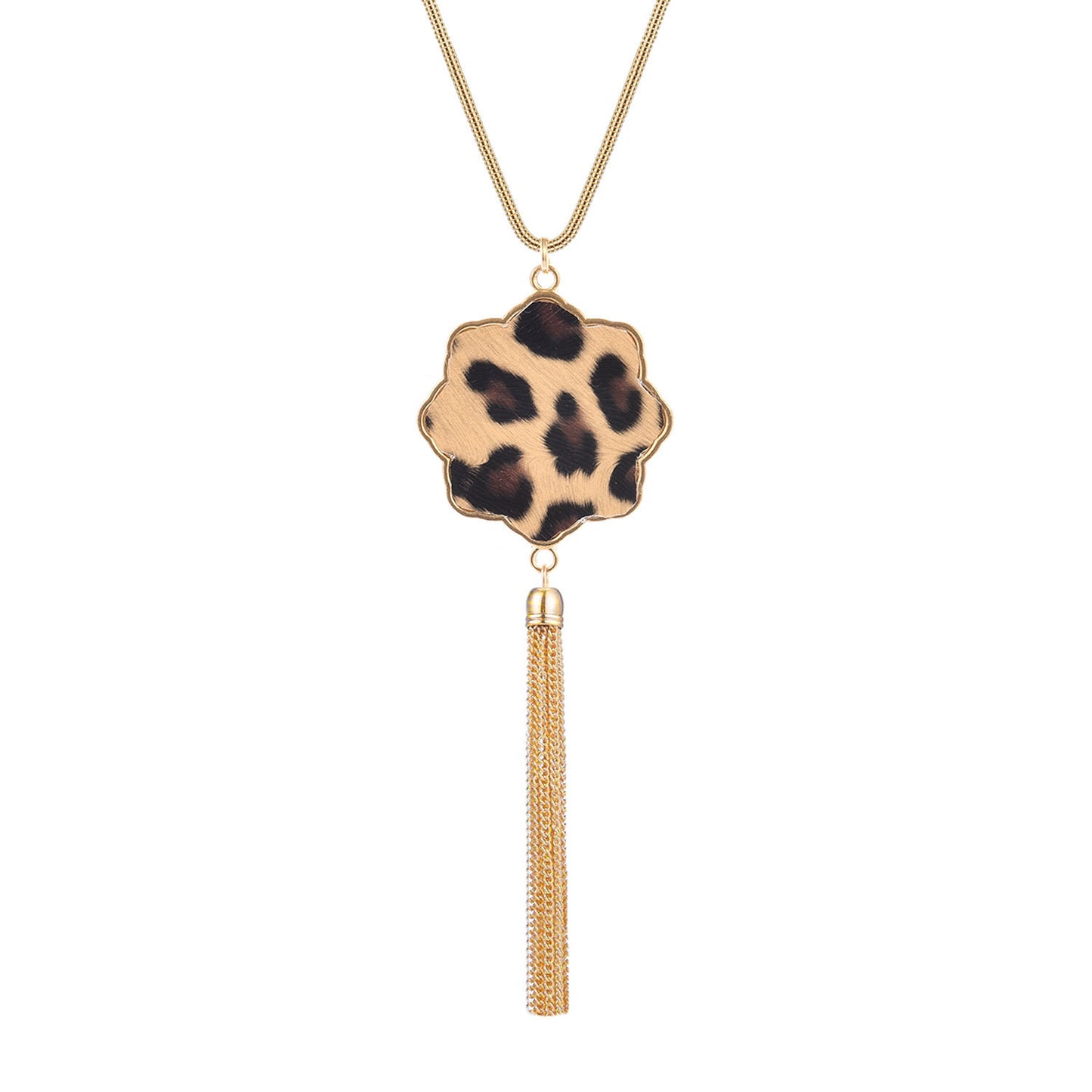 Geometric Leopard Print Plated Alloy Long Tassel Pendant Necklace