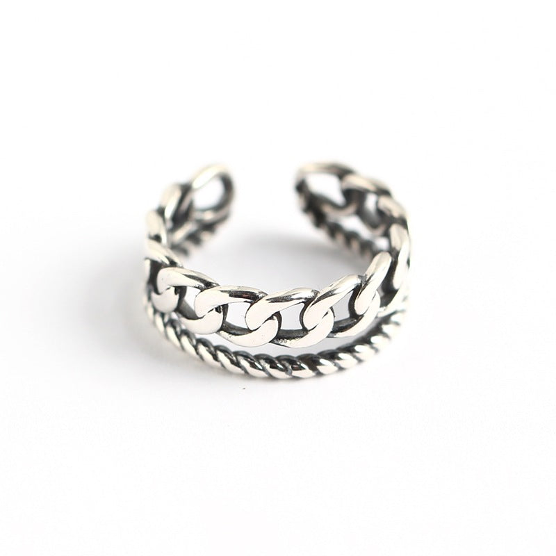 Chic 925 Sterling Silver Double Layer Cuban Link and Rope Chain Ring for Women