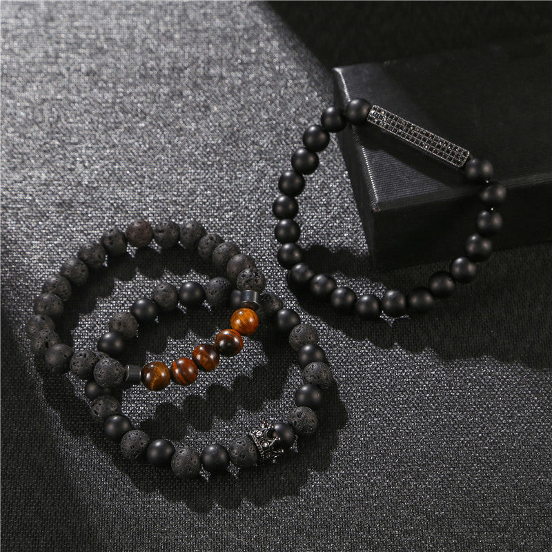Punk Matte Volcanic Rock Tiger Eye Cubic Zirconia Crown Bar Bracelet Set for Men and Women