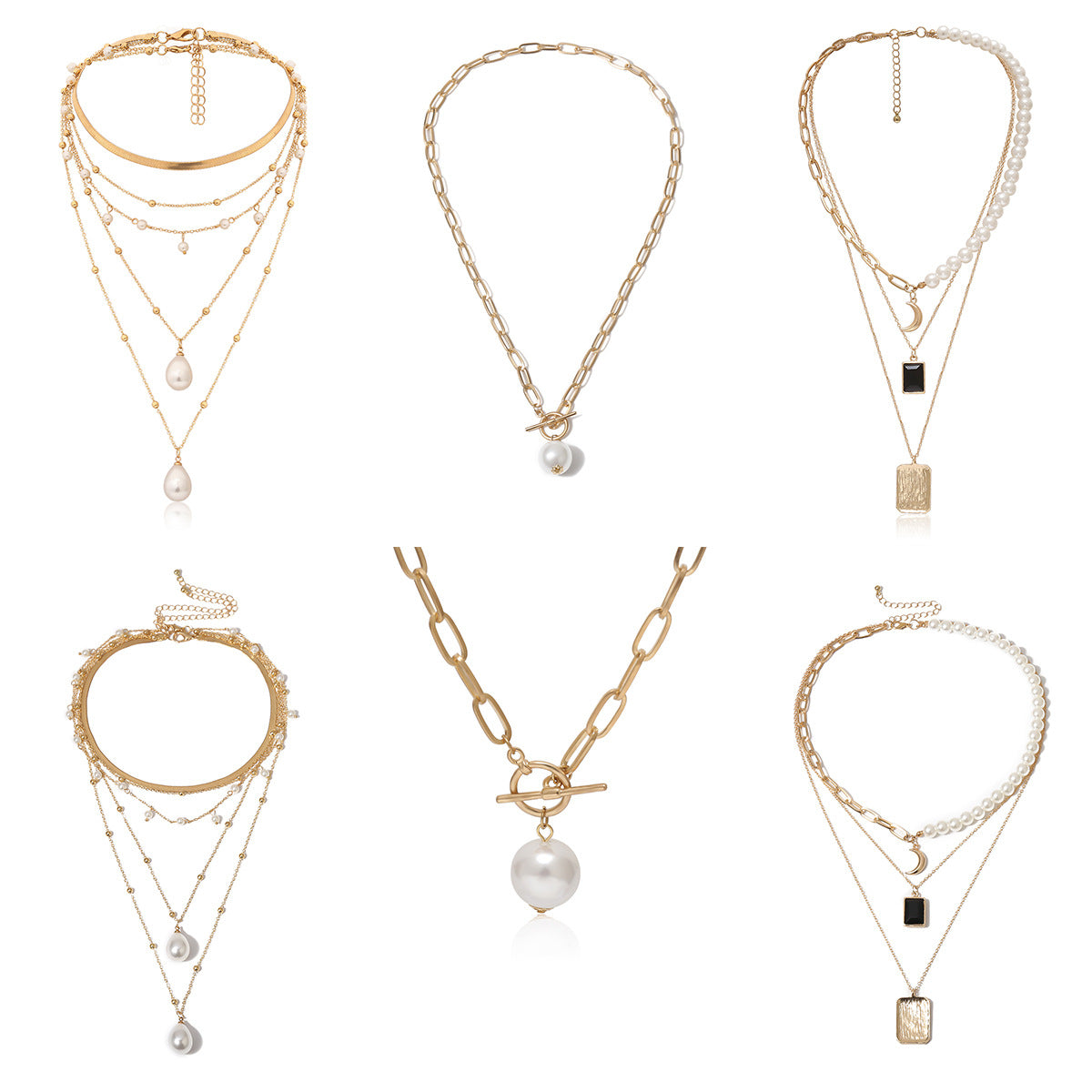 Collana con Pendente Geometrico a Chiusura a Levetta Creativa in Lega Placcata con Strass, Collana Multistrato Stile Luna e Perla per Donna