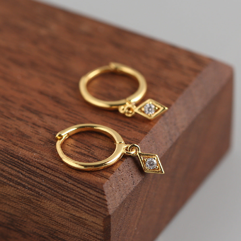 Aretes de aro minimalistas y elegantes de plata de ley 925 con incrustaciones de diamantes de imitación geométricos para mujer