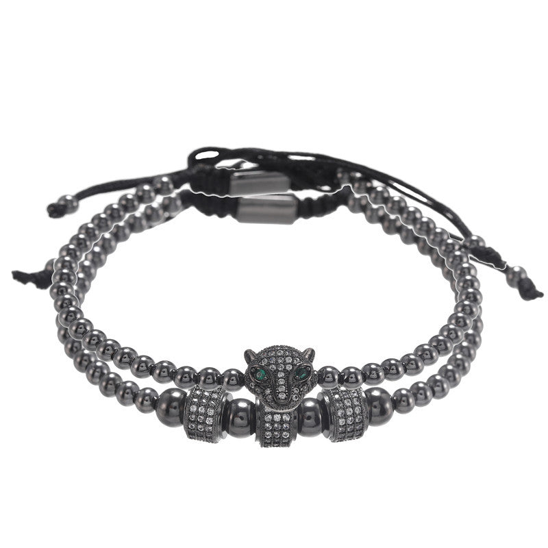Vintage Micro-Paved Cubic Zirconia Leopard Head Geometric Brass Bracelet Set