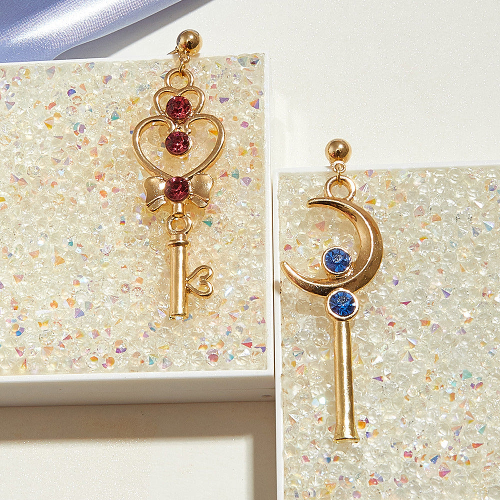 Aretes de luna geométrica dulce y atrevida, aleación bañada con diamantes de imitación