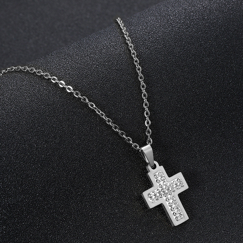 Collar minimalista de acero inoxidable con colgante de cruz de diamantes de imitación y cadena de eslabones