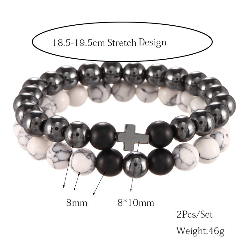 Matte Howlite and Hematite Geometric Cross Stretch Bracelet Set for Men and Women