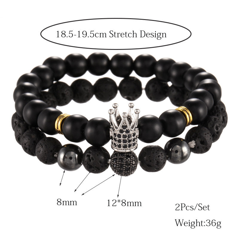 Sporty Casual 8mm Matte Round Brass Bracelet Set with Cubic Zirconia and Crown Element