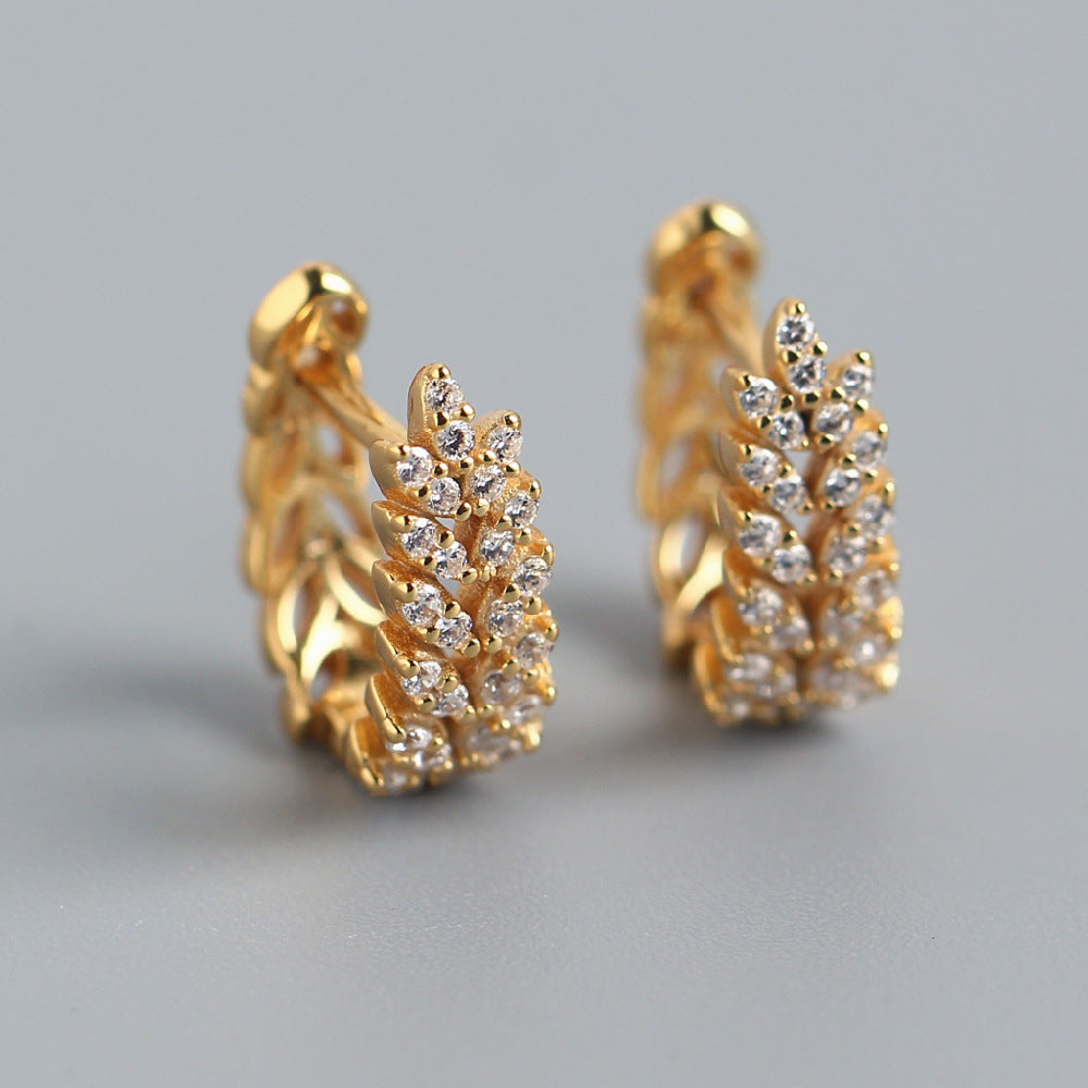 Sweet Minimalist 925 Sterling Silver Wheat Plant Rhinestone Inlay Hoop Earrings for Women
