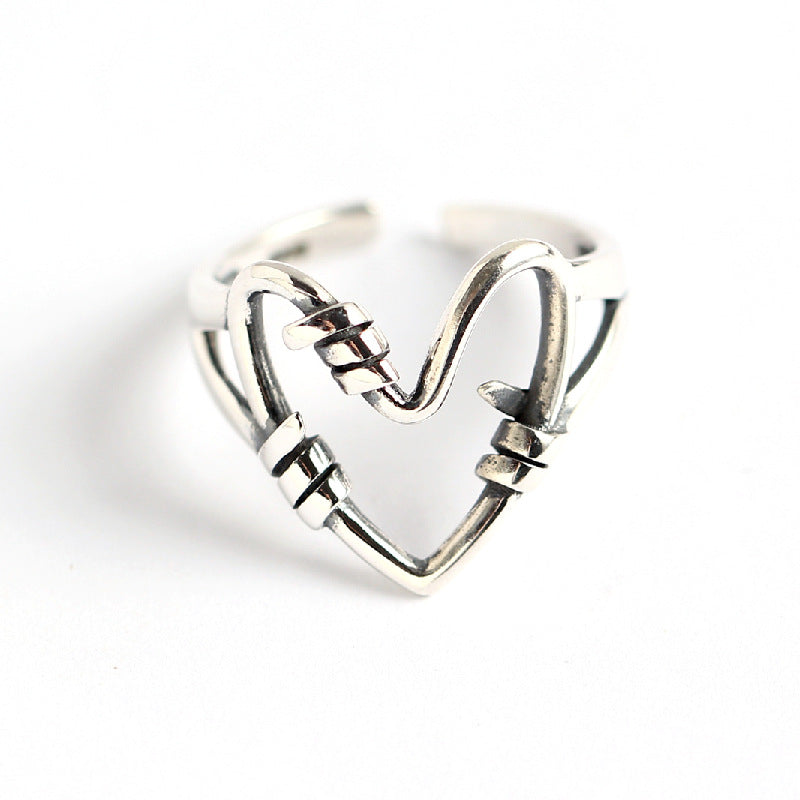 Anello Minimalista a Cuore in Argento Sterling 925 Finitura Vintage Design Geometrico da Donna