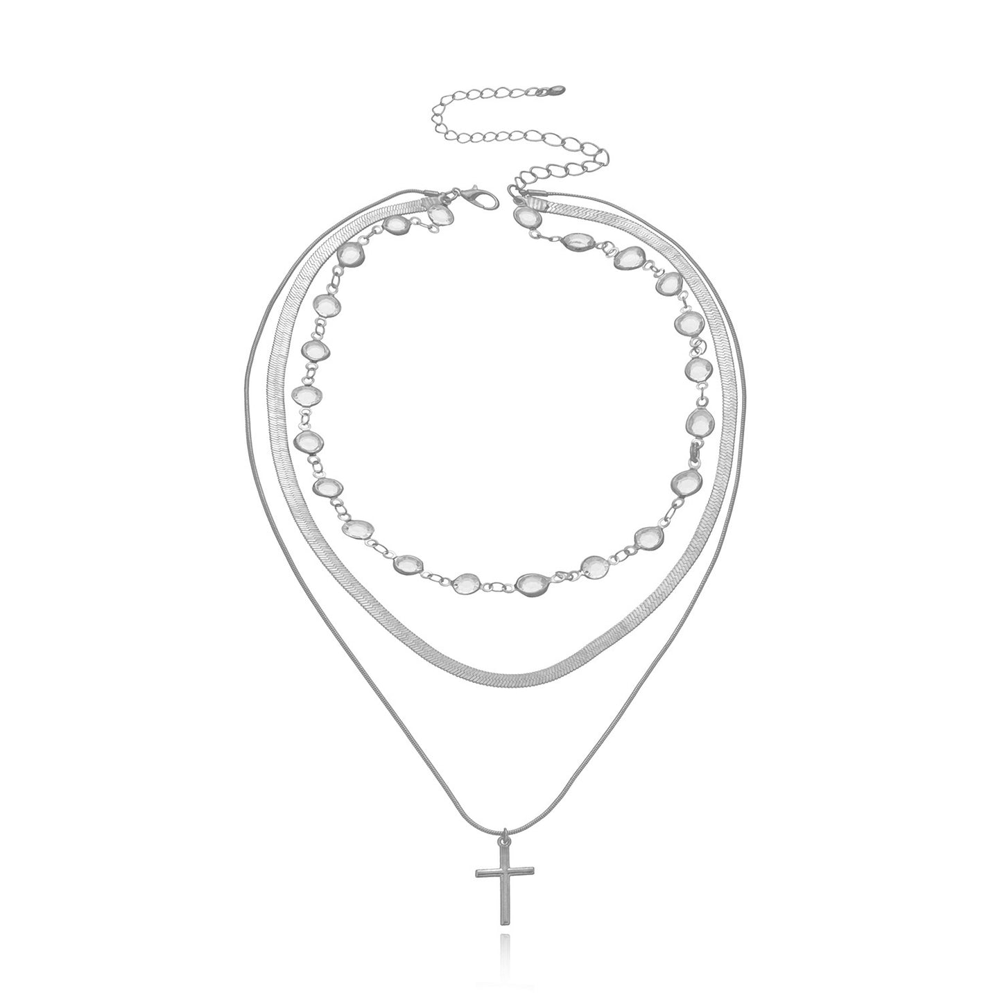 Women's Fashion Rhinestone Cross Pendant Necklace, Multi-Layer Water Wave Chain, Alloy Plated Jewelry, Elegant Stylish Accessory