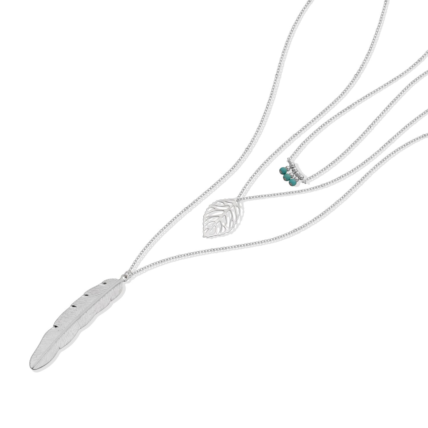 Women's Multi-Layer Leaf Pendant Necklace with Feather and Turquoise Beads Alloy Chain Jewelry