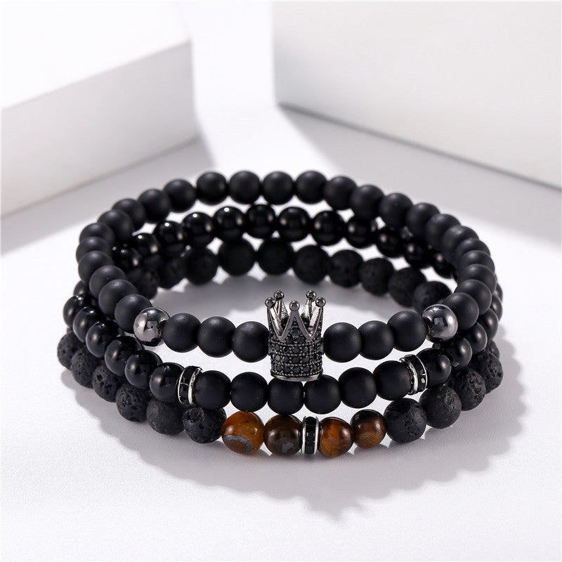 Vintage Punk Geometric Matte Brass Bracelet with Cubic Zirconia and Lava Stone for Men and Women