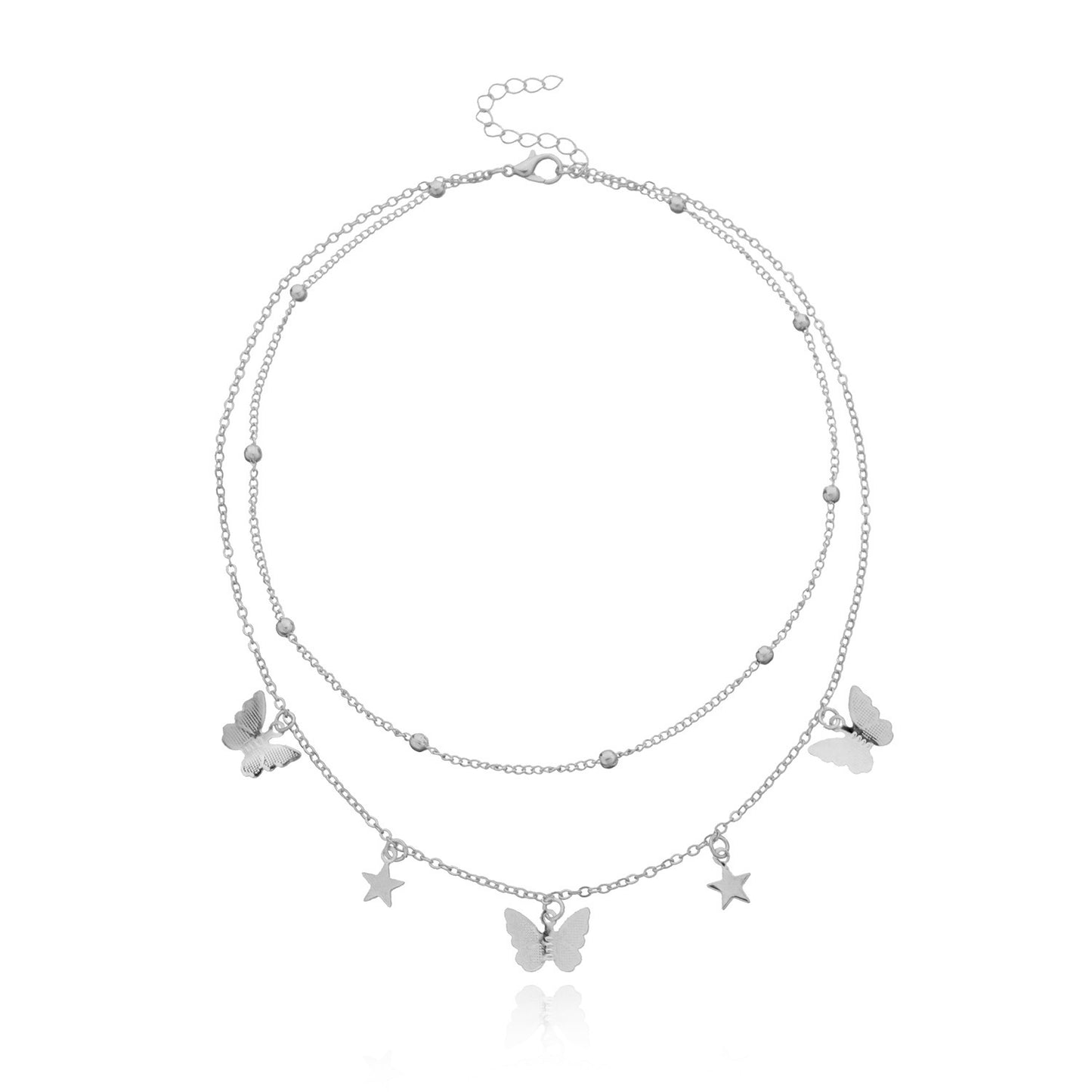 Women's Butterfly Star Pendant Necklace Alloy Plated Double Layer Round Bead Chain Fashion Jewelry