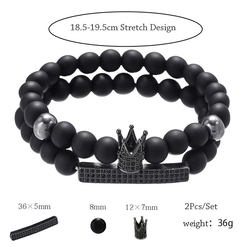 Matte Black Geometric Brass Bracelet with Cubic Zirconia Crown Inlay for Men and Women
