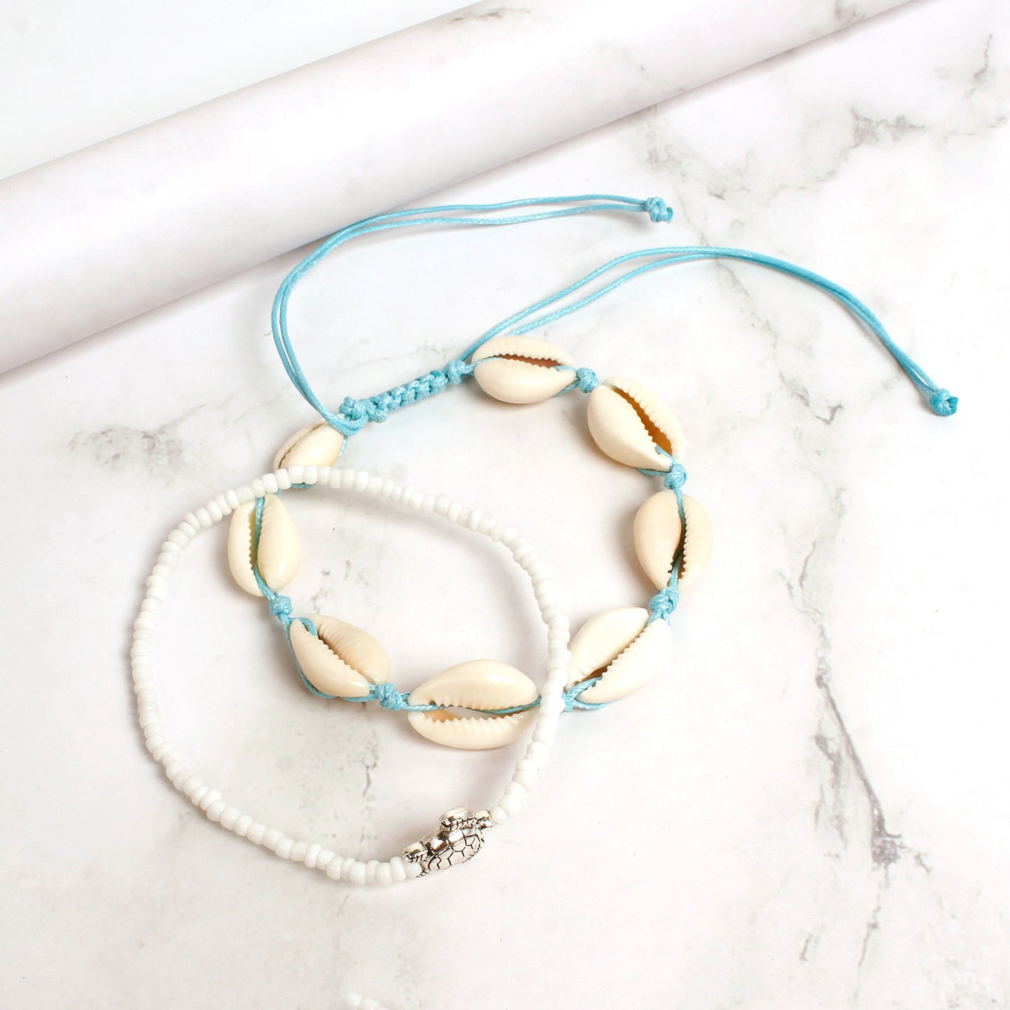 Vintage Turtle Shell Bead Anklet Set for Women, Alloy Anklet with 2-Piece Fashion Beach Jewelry, Bohemian Style, Gift for Travel Memory, Wedding Celebration, Employee Gift