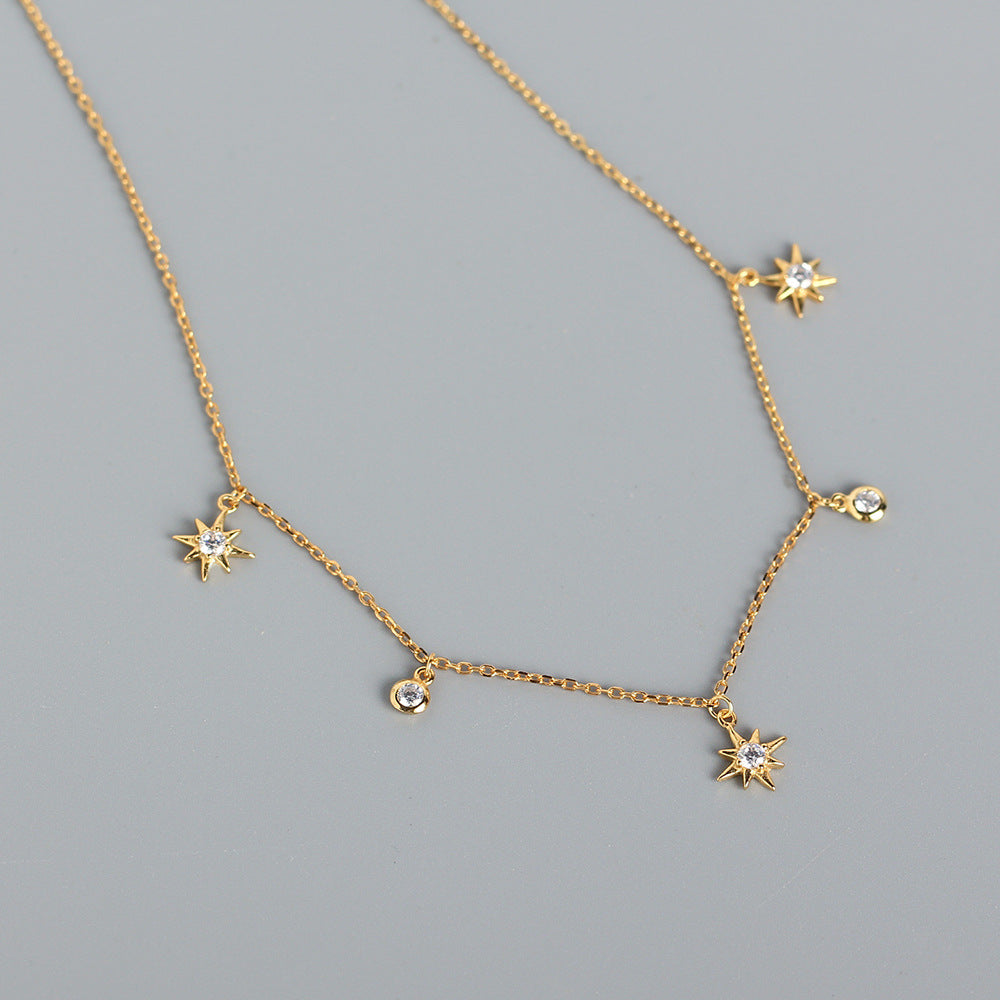 Collana da donna a catena grumetta con ciondolo a stella geometrica rotonda intarsiata in diamante, in argento sterling 925, stile minimalista di lusso