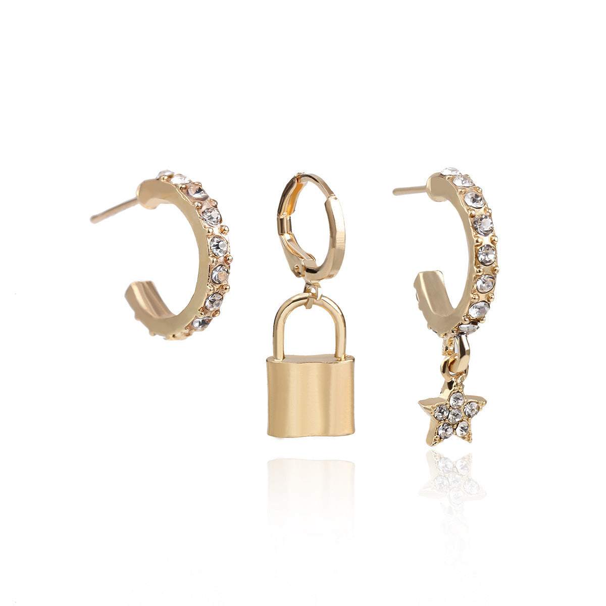 Star-shaped Minimalist Rhinestone Stud Earrings for Women, C-shaped Lock Design, Alloy Plated Jewelry