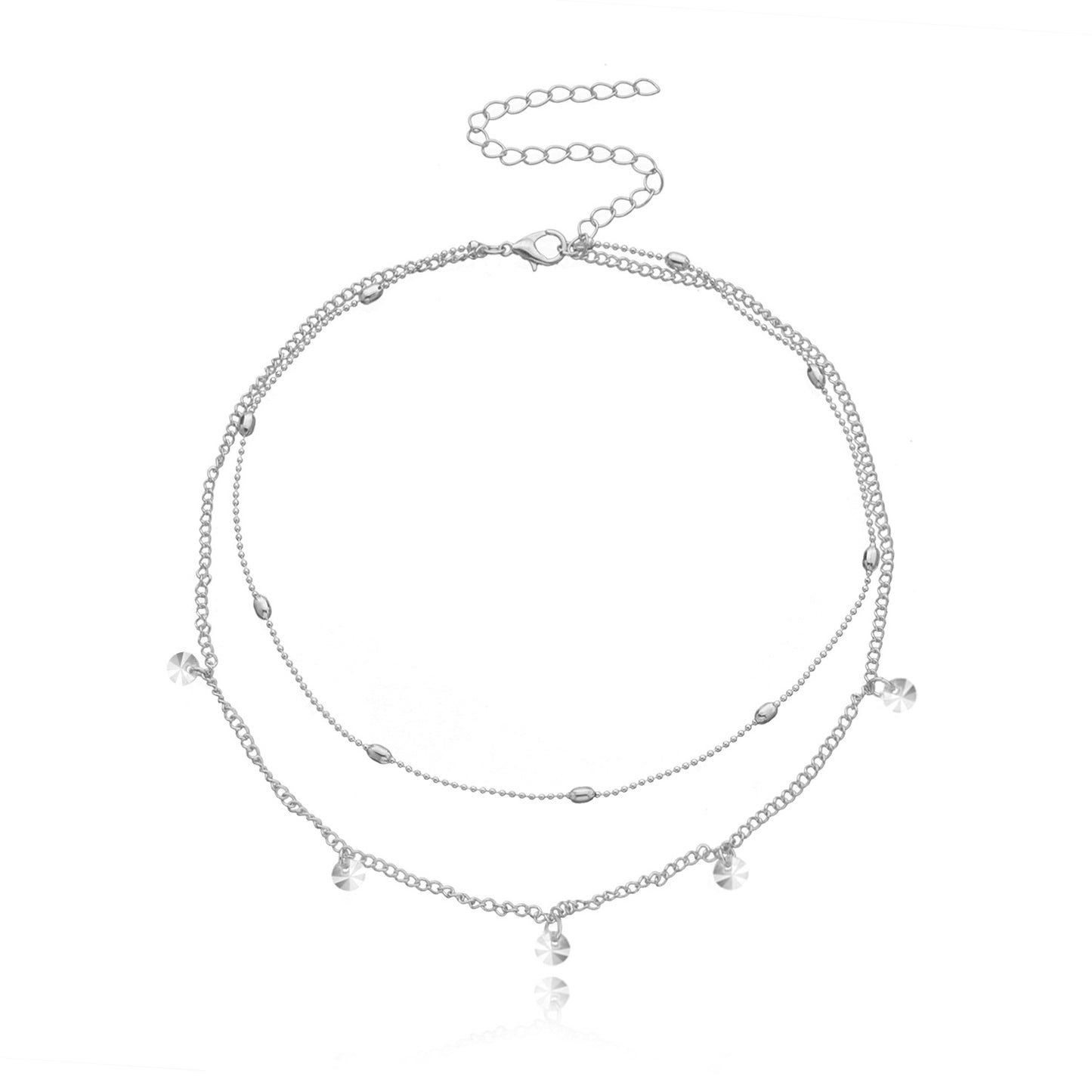 Women's Minimalist Rhinestone Geometric Pendant Necklace, Alloy Plated Round Bead Chain, Fashion Double Layer Jewelry