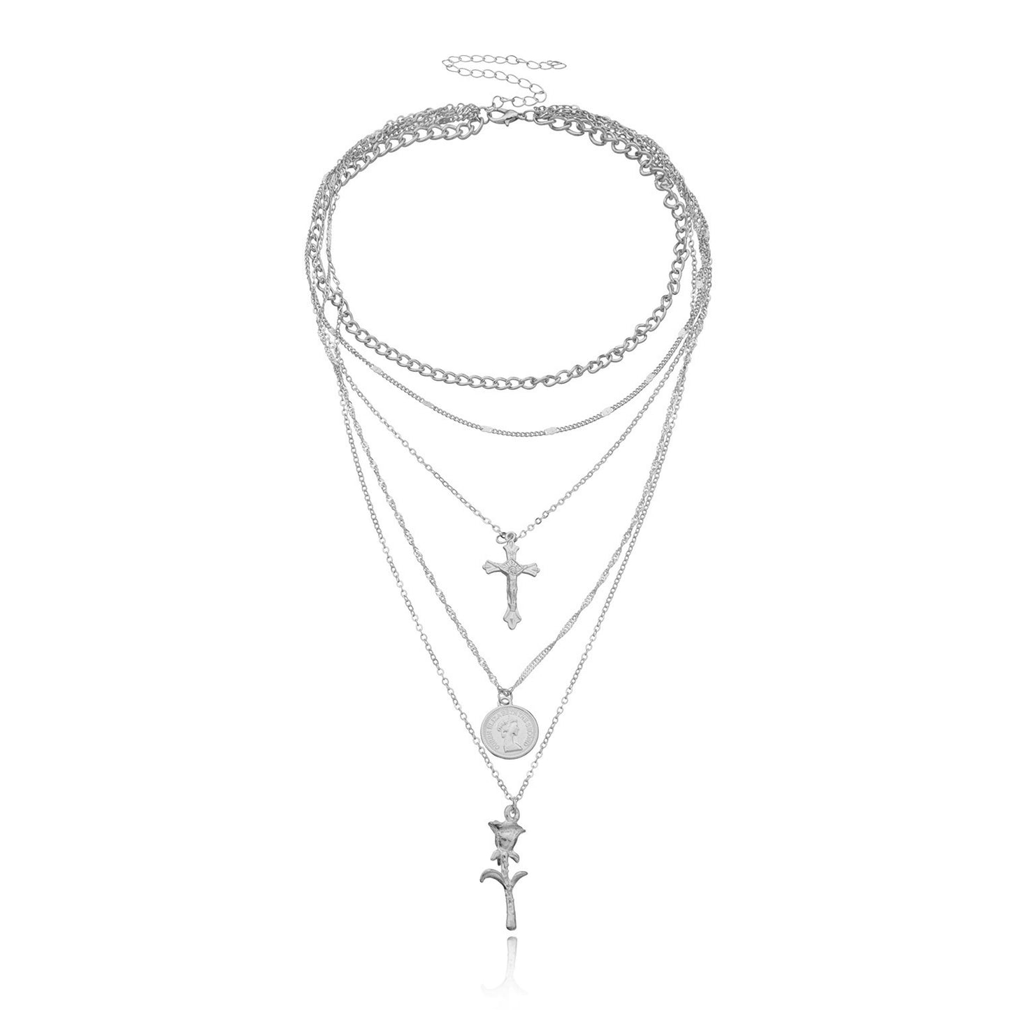 Women's Floral Cross Chain Necklace with Alloy Pendant, Multi-Layered Vintage Style Jewelry for European and American Markets