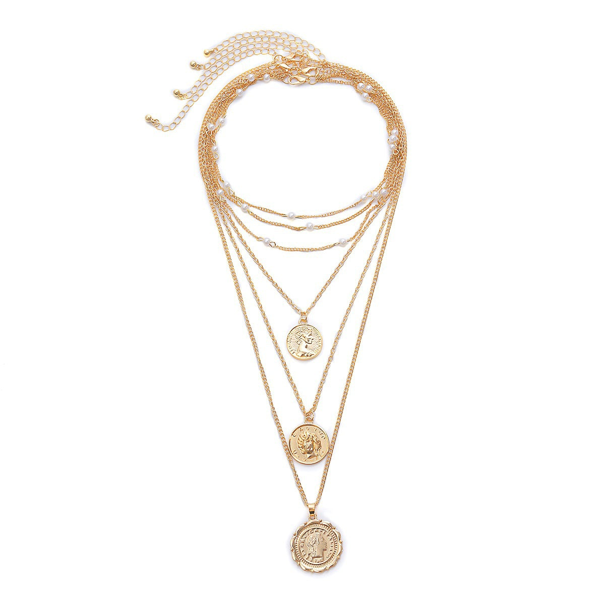 Collana pendente multistrato galvanizzata in lega geometrica vintage con nappina in finta perla da donna