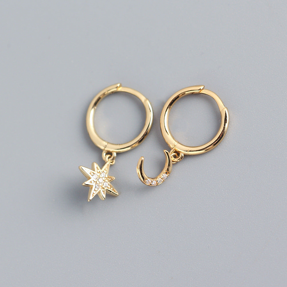 Minimalist 925 Sterling Silver Star Moon Asymmetric Rhinestone Hoop Earrings for Women